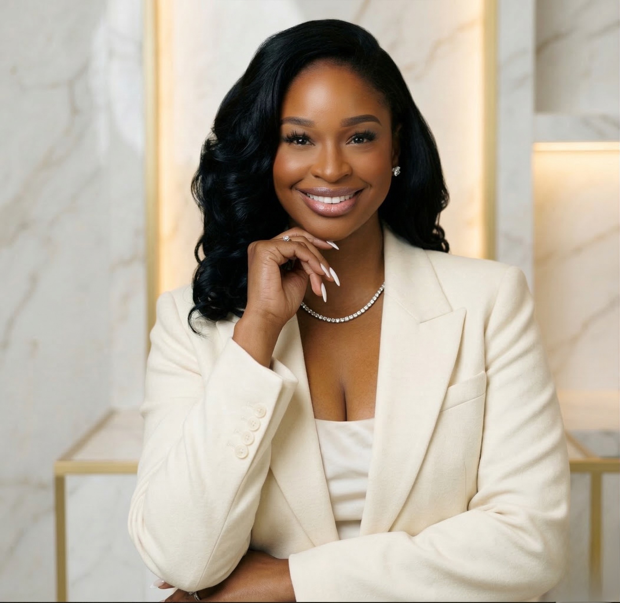 Lydia Pierre in a white blazer