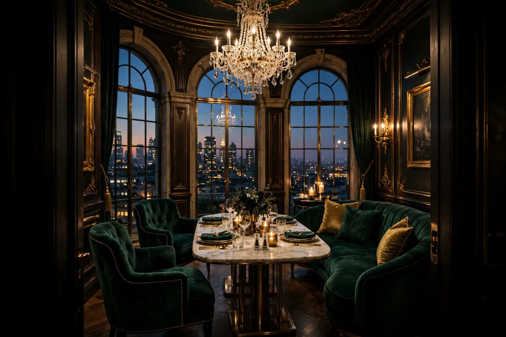 A candlelit private salon with emerald velvet seating, a crystal chandelier, and a marble table set for dinner